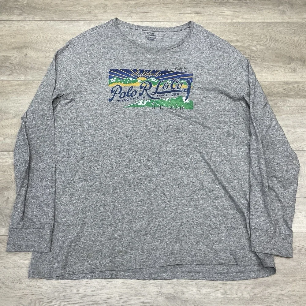 Polo Ralph Lauren Grey L/S T Shirt Men Sz XXL Mountain Sun FAIR STAIN
